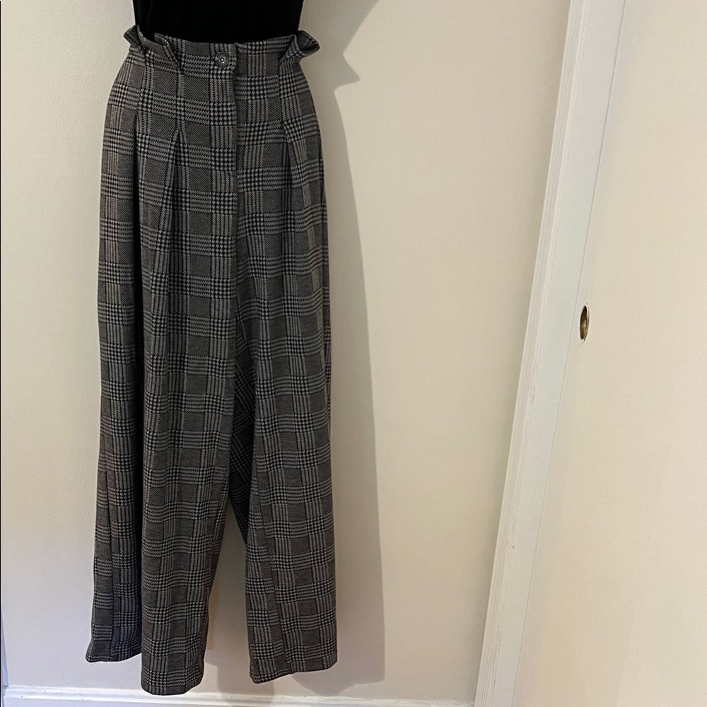 Anthropologie Black and Gray Plaid Wide Leg Pants